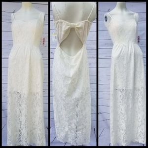 BONGO Ivory Lace Maxi Bow Back Dress Juniors L NEW